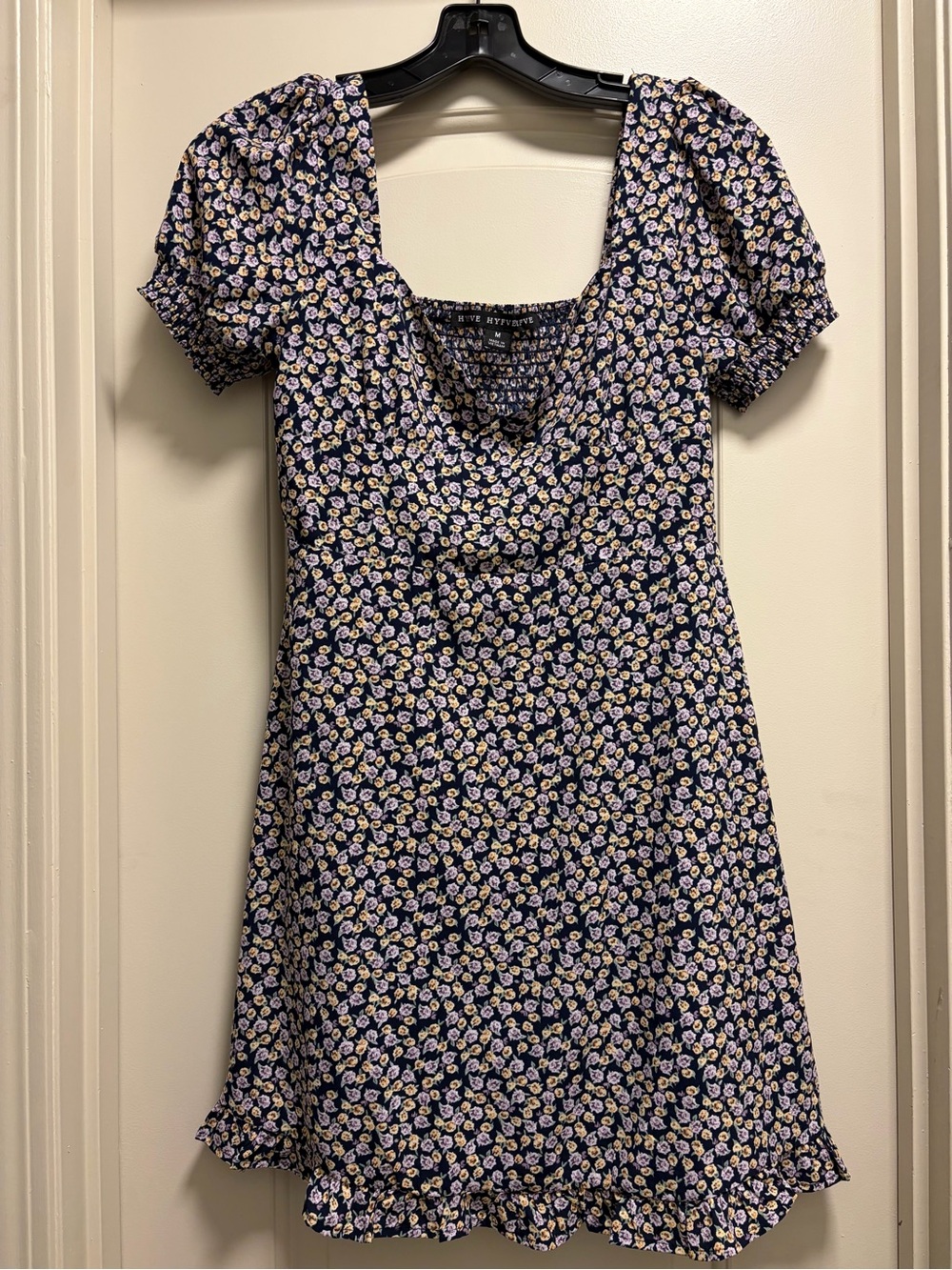 Hyfve Navy Ditsy Floral Smocked Ruffle Mini Dress | M | Puff Sleeve